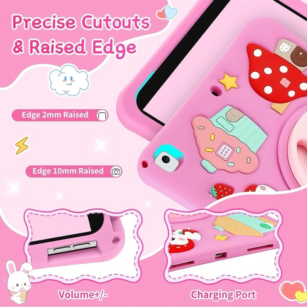 Kids iPad 10.2 Inch Case Pink Strawberry Stand Strap 7th 8th 9th Gen